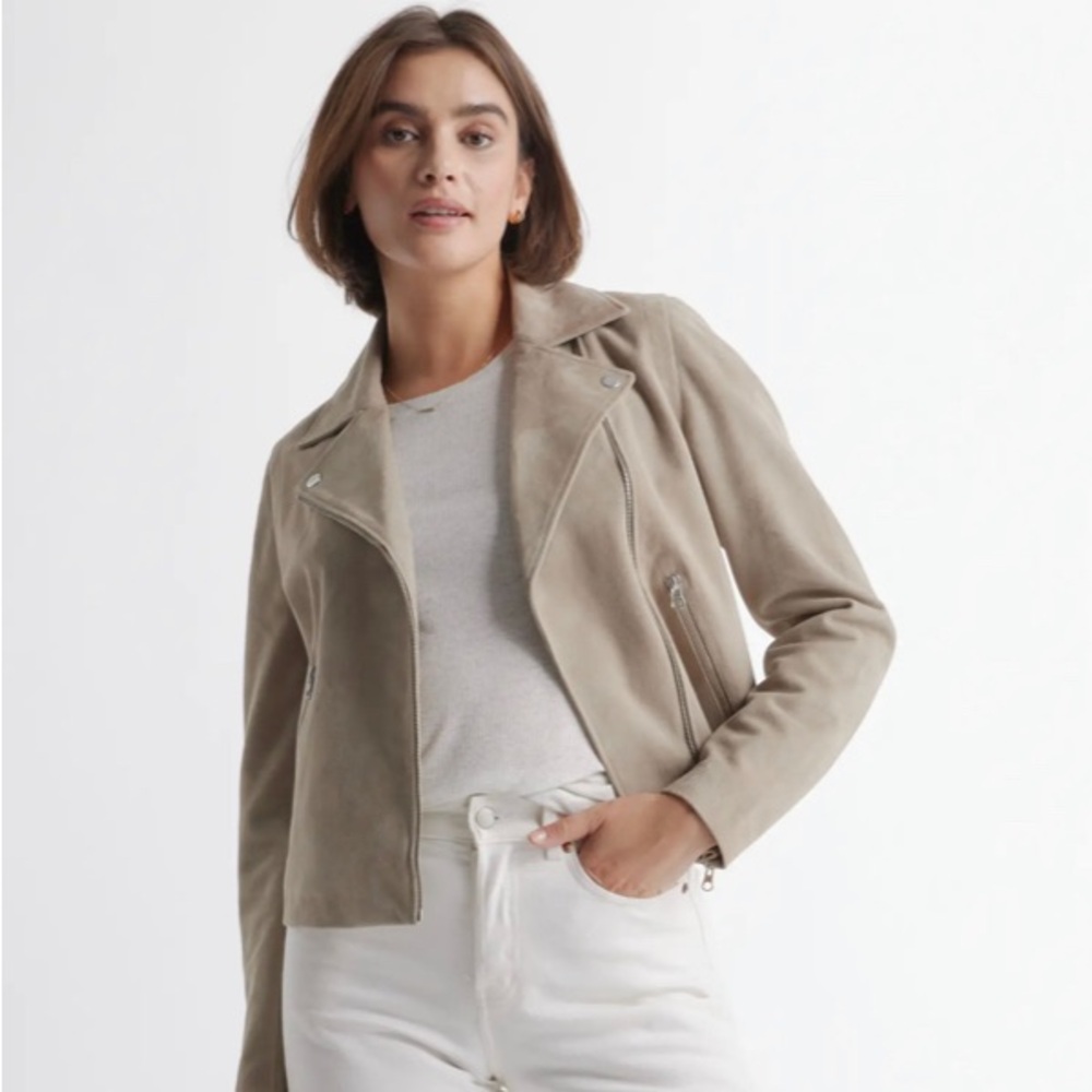 100% Suede Biker Jacket from Quince, M, Sand